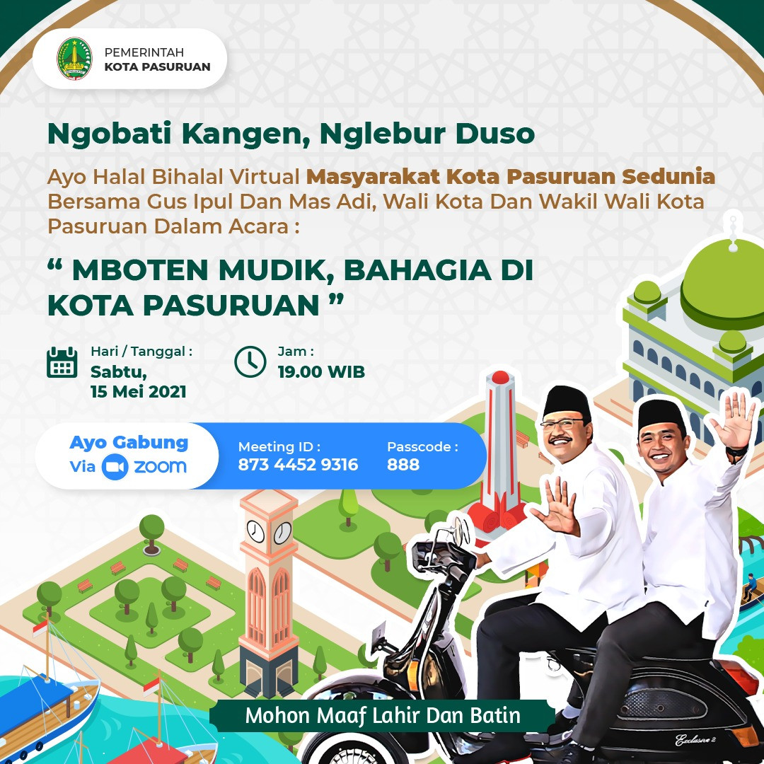 Walikota Pasuruan Saifullah Yusuf (Gus Ipul) akan menggelar halal bihalal khusus untuk warga Kota Pasuruan dari seluruh penjuru dunia secara virtual. (Grafis: Istimewa)