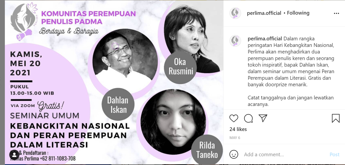 Tangkapan layar poster seminar umum yang akan digelar Perlima pada 20 Mei secara virtual (Foto: Instagram Perlima.official)