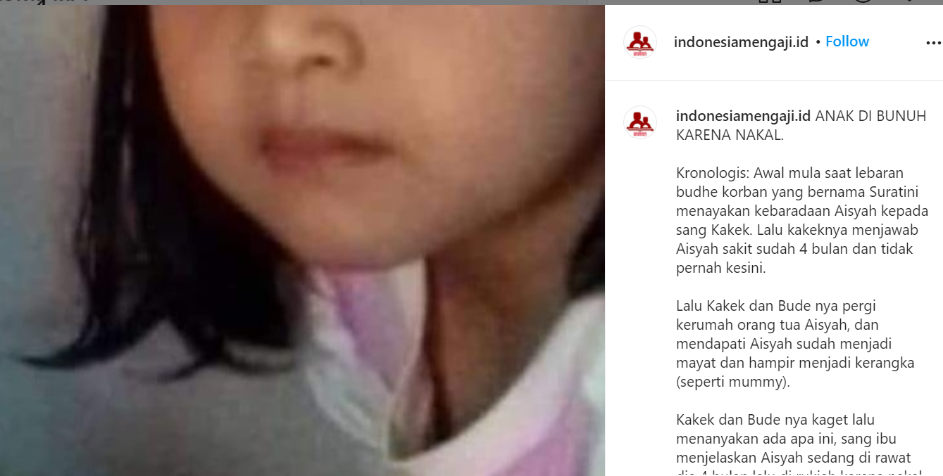 Tangkapan layar tentang anak berinisal A yang jadi korban rukiah abal-abal (Foto: Dok Instagram indonesiamengaji.id)
