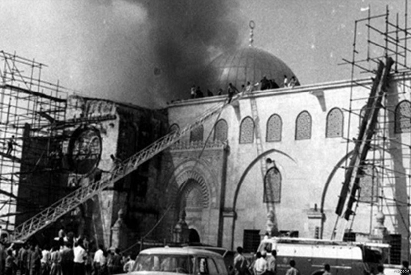 Suasana kebakaran Masjid Al-Aqsha di Yerusalem pada 21 Agustus 1969. (Foto: Istimewa)