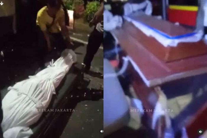 Jenazah keluar dari peti mati setelah ambulans yang mengangkut jenazah tersebut ditabrak mobil boks. (Foto: Instagram Merekam Jakarta)