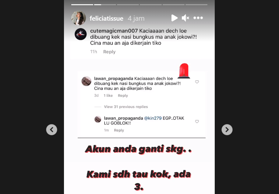 Instagram Felicia Tissue menanggapi ujaran rasis yang ditulis akun menggunakan bahasa Indonesia. (Foto: Instagram)