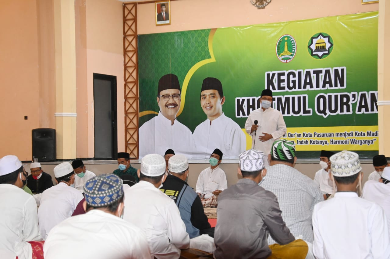 Walikota Pasuruan Saifullah Yusuf saat memberikan sambutan dalam acara Khotmil Quran atas capaian WTP. Acara pengajian dan Khotmil Quran ini diselenggarakn di Gedung Gradika Pendopo Kota, Selasa 25 Mei 2021. (Foto: Istimewa)
