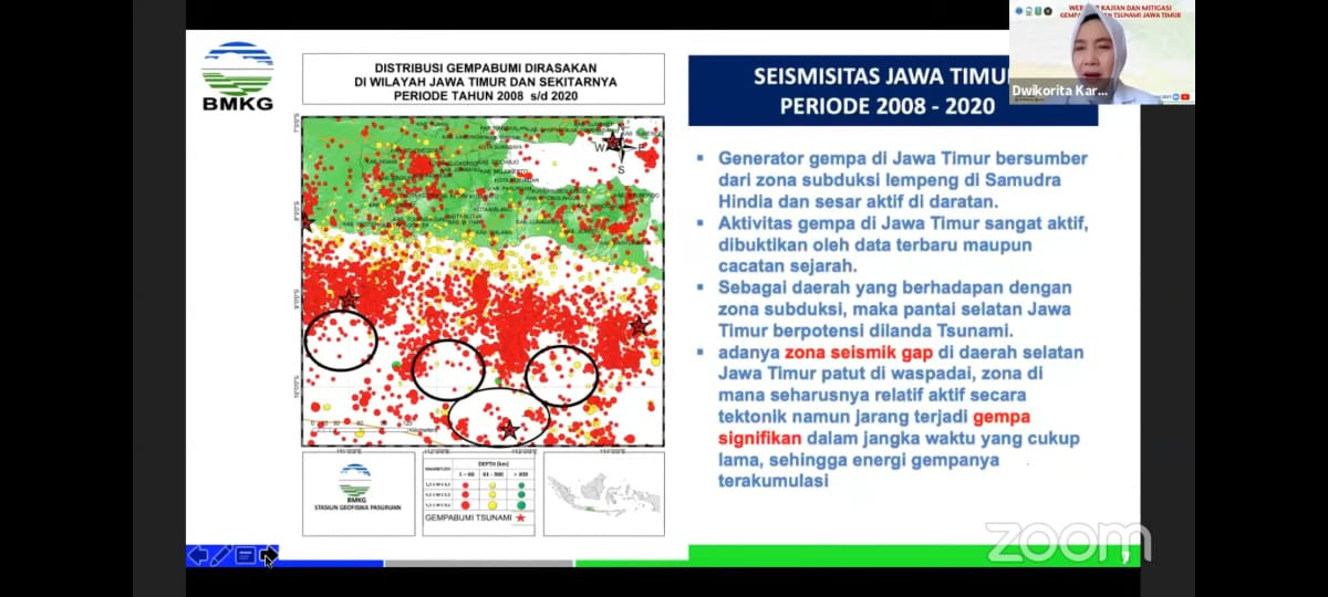 Kepala BMKG, Dwikorita saat menjelaskan potensi gempa dan tsunami di Jatim. (Foto: Tangkapan Layar)
