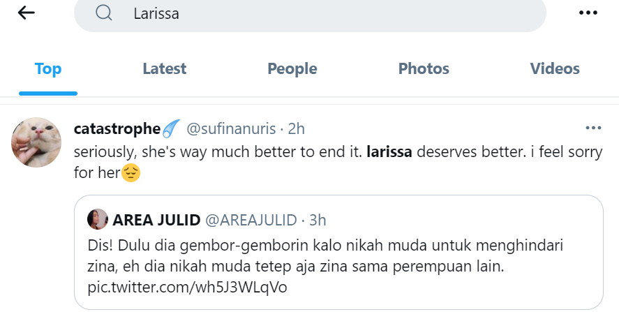 Tangkapan layar komentar netizen pendukung Larissa di Twitter