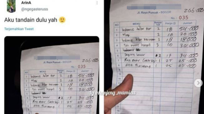 Tarif makanan yang dijajakan di salah satu kedai di Jalan Raya Puncak, Kabupaten Bogor viral di media sosial. (Foto: Istimewa)