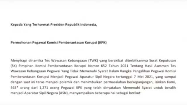 Surat terbuka 585 pegawai KPK yang lolos TWK kepada Presiden Jokowi. (Youtube)