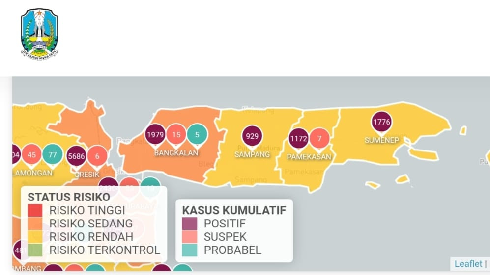 Peta risiko sebaran Covid-19 di Madura. (Foto: Tangkapan Layar)