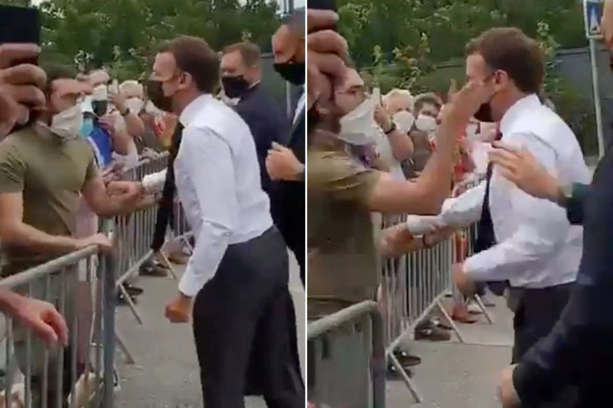 Detik-detik Presiden Prancis Emmanuel Macron ditampar warga saat kunjungan kerja. (Foto: Istimewa)