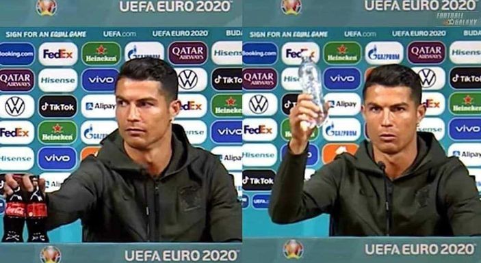 Aksi Cristiano Ronaldo menyingkirkan botol soda sponsor Euro 2020. (Foto: Istimewa)