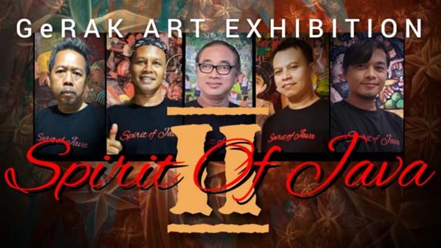Pameran Bersama Spirit of Java oleh lima pelukis, masing-masing dari kiri ke kanan Rudy Mardijanto, Ledek Sukadi, Nur Hidayat, Sumadi Etnikjawa, dan Sigit Handari. (Istimewa)