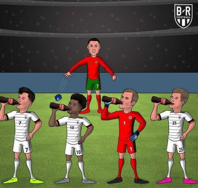 Meme Cristiano Ronaldo membuang ban kapten Portugal dan emosi melihat skuad Jerman ramai-ramai minum Coca-Cola. (Grafis: Twitter Bleacher Report)