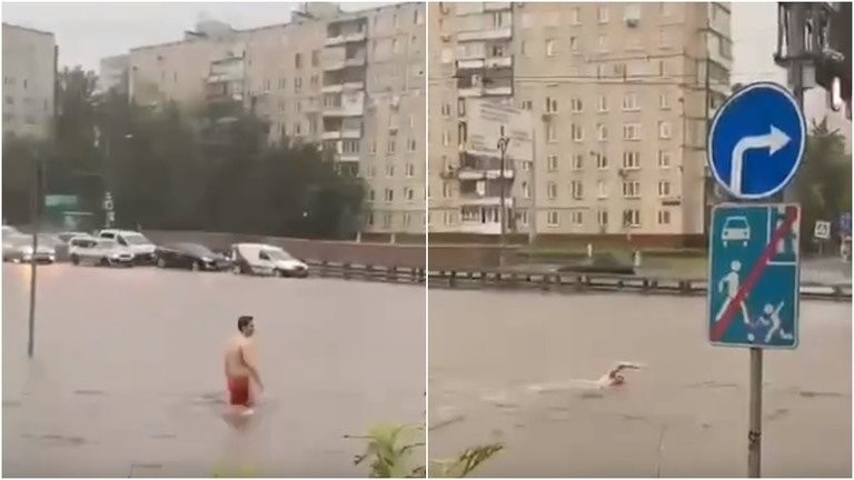 Di Third Ring Road di Moskow terendam banjir di jalan raya orbital lima jalur di pusat ibu kota memperlihatkan seorang pria bercelana pendek merah sedang berenang di air setinggi pinggang. (Foto: Layar video)