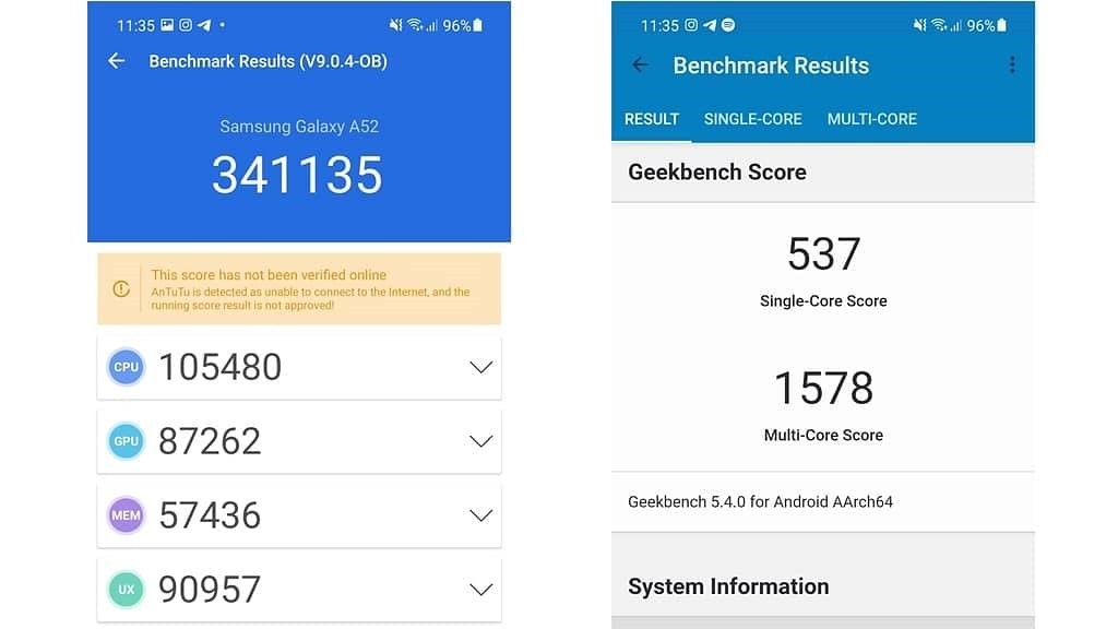 Ilustrasi dari hasil AnTuTu Benchmark (kiri) dan Geekbench 5 Galaxy A52. 