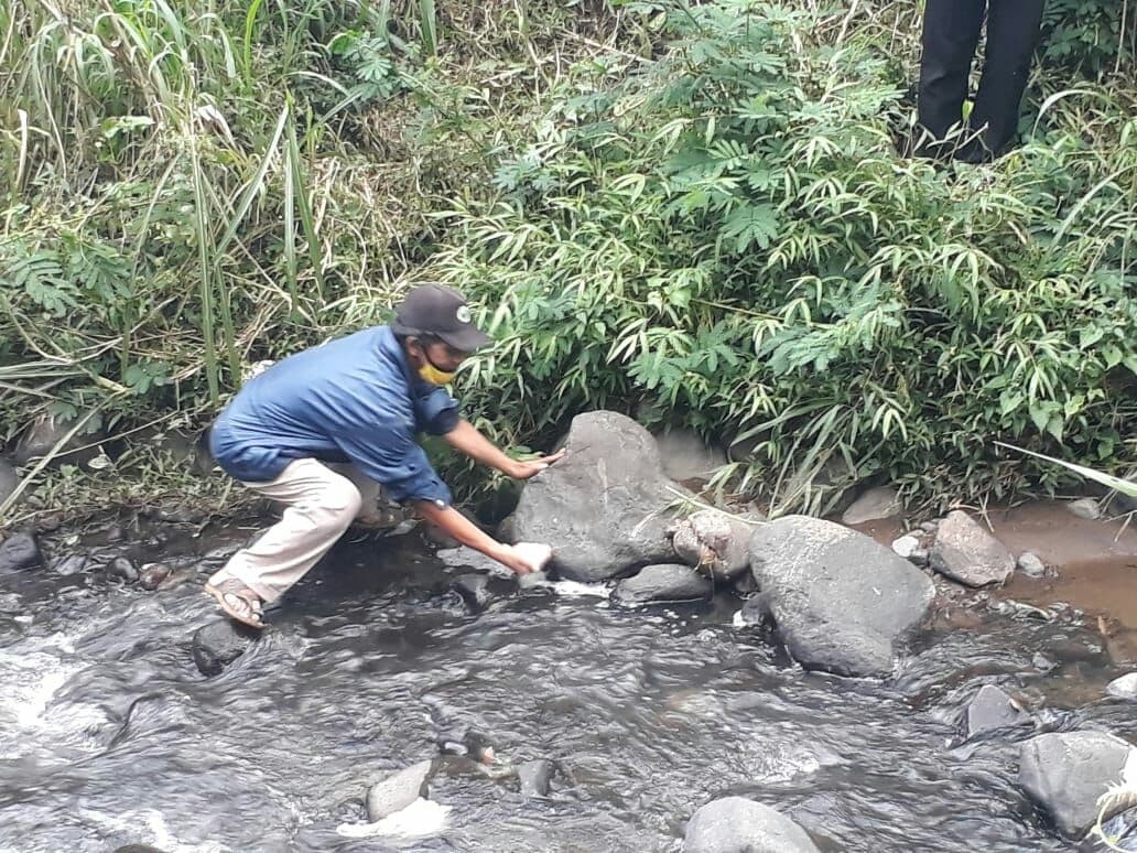 Warga setempat menunjukkan buih di sungai yang diduga bersumber dari limbah ternak sapi milik PT Greenfeld, Blitar. (Foto: Choirul Anam/Ngopibareng.id)