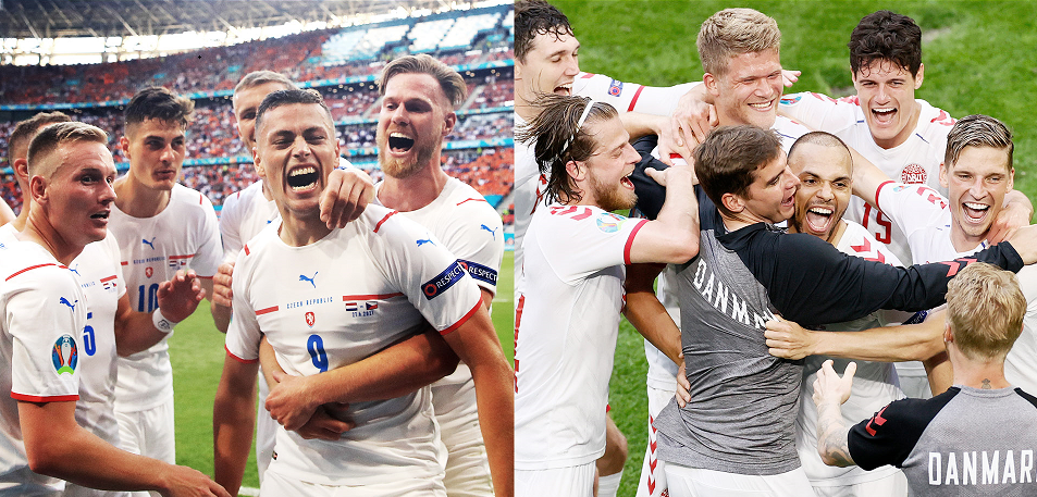 Selebrasi timnas Denmark usai mengalahkan Republik Ceko dengan skor tipis 2-1, sekaligus mengantarkan ke babak semifinal Euro 2020. (Foto: Twitter)