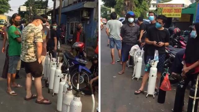 Orang-orang dengan membawa tabung antri untuk membeli oksigen isi ulang di Jakarta, kemarin. Untuk memenuhi kebutuhan Indonesia membeli 10.000 tabung oksigen dari Singapura. (Foto:Istimewa)