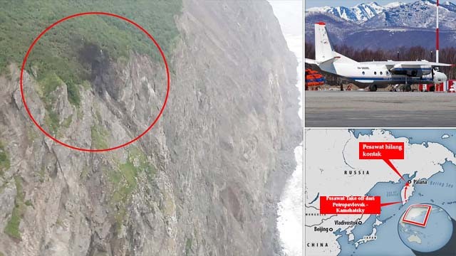 Gambar kiri, tebing yang ditabrak pesawat komersial Rusia. Jenis pesawat AN-26 yang kecelakaan, serta rute penerbangan. (Foto:DailyMail)