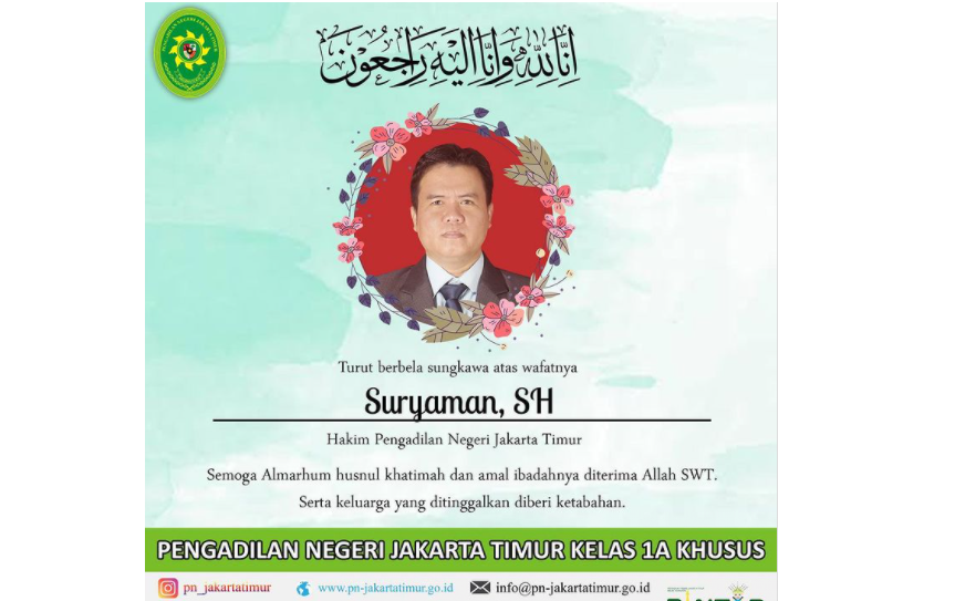 Suryaman, anggota Majelis Hakim Pengadilan Negeri (PN) Jakarta Timur kasus Rizieq Shihab meninggal dunia. (Foto: Tangkapan layar instagram @pn_jakartatimur)