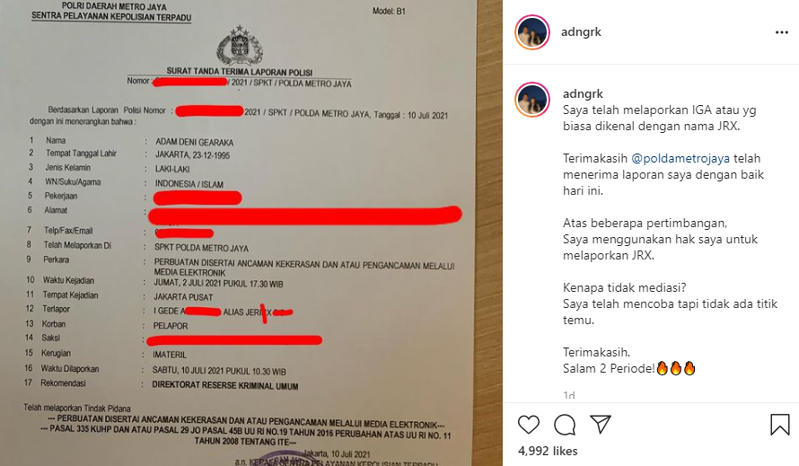 Bukti laporan pegiat media sosial Adam Deni terhadap Jerinx SID. (Foto: Tangkapan layar Instagram)