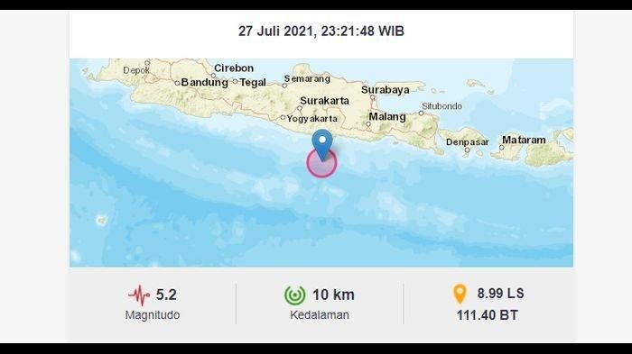 Gempa Pacitan 5,2 Magnitudo, pada Selasa 27 Juli 2020 pukul 23.21 WIB. (Grafis: BMKG)