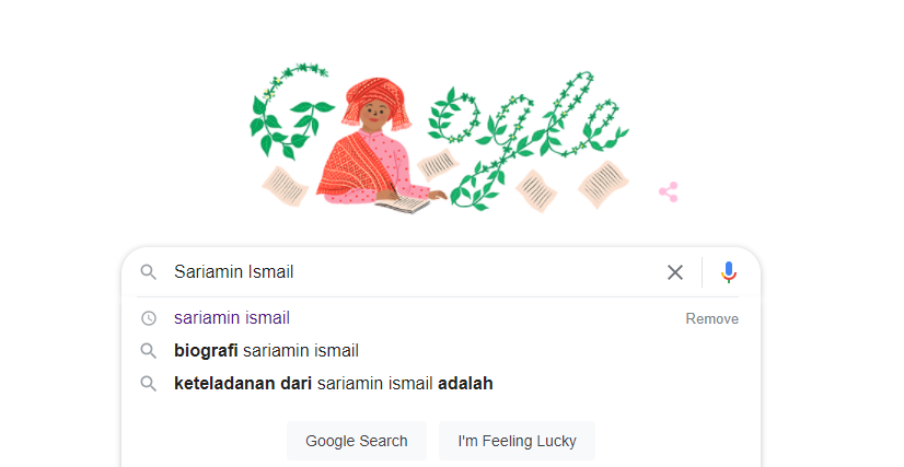 Google Doodle hari ini tentang novelis Sariamin Ismail. (Foto: Tangkapan layar)