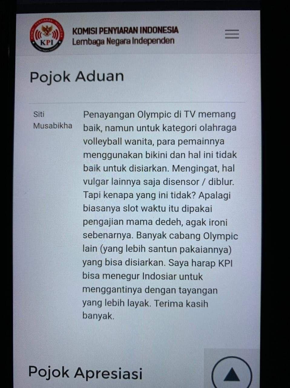 Aduan salah satu penonton bernama Siti Musabikha terkait tayangan voli pantai wanita Olimpiade Tokyo 2020. (Foto: Tangkapan layar)