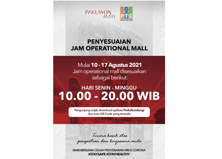 Jam operasional Pakuwon Mall dan PTC disesuaikan dengan upaya mendukung pemerintah dalam pencegahan sebaran Covid-19. (Grafis: Pakuwon Mall)