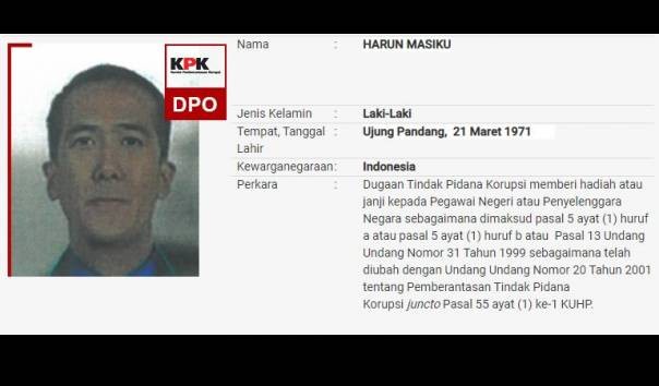Foto daftar pencarian orang Harun Masiku di website Komisi Pemberantasan Korupsi (KPK). (Foto: KPK.go.id)