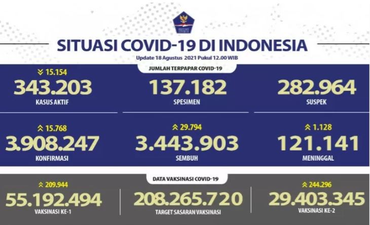 Update data COVID-19 di Indonesia milik Kementerian Kesehatan (Kemenkes) yang diterima di Jakarta, Rabu 18 Agustus 2021. (Foto: Antara/HO-Kemenkes)