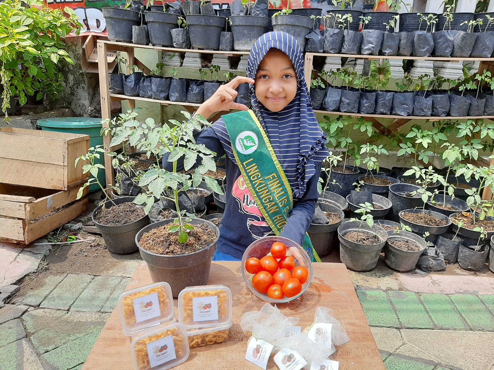 Syafina Aulia Putri saat menunjukan budidaya tomat dan produk olahan tomat yang dia buat. (Foto: Istimewa)
