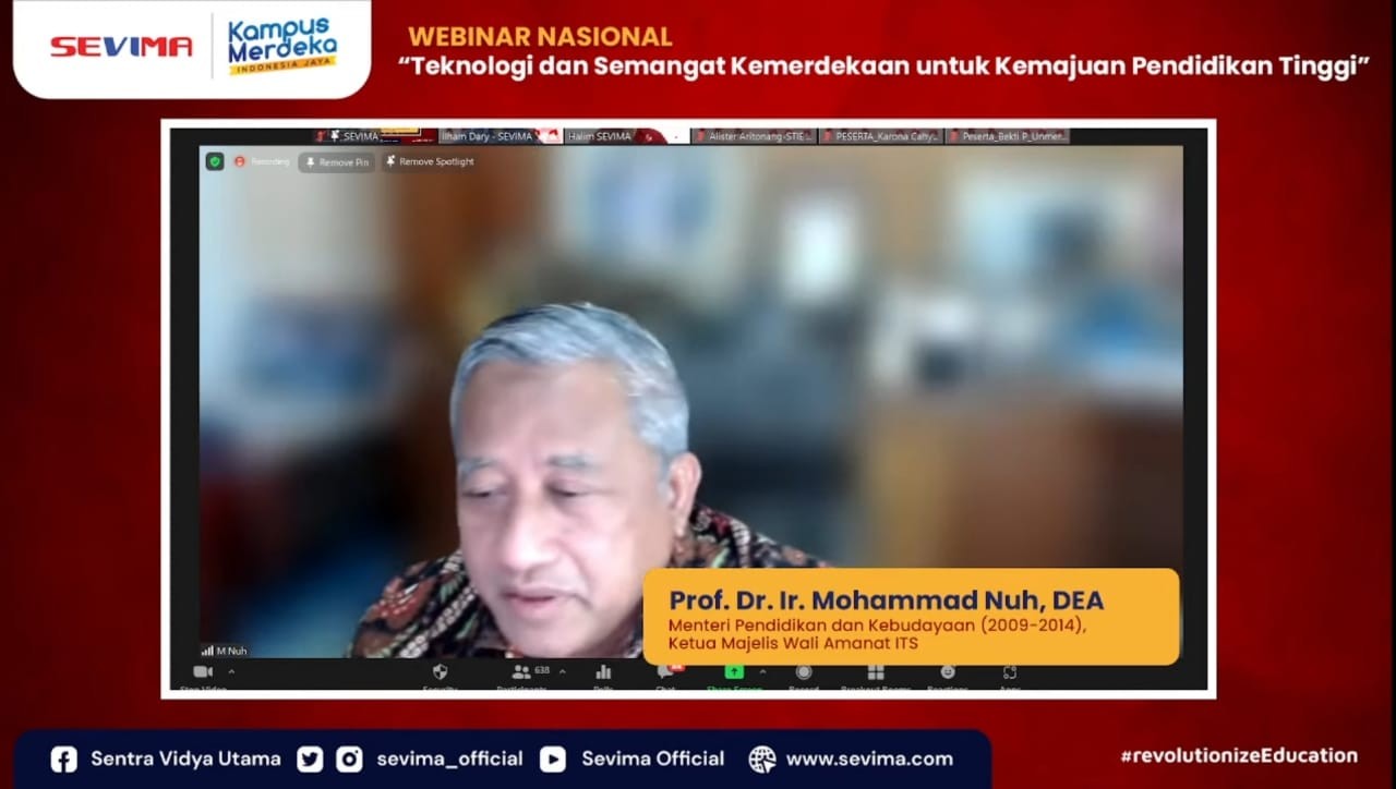 Prof. Mohammad Nuh, Ketua Dewan Pers sekaligus Menteri Pendidikan dan Kebudayaan Kabinet Indonesia Bersatu Jilid II, dalam Webinar SEVIMA pada Selasa, 24 Agustus 2021 (Foto: Istimewa)