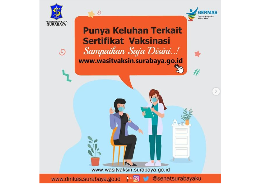 Infografis keluhan terkait sertifikat vaksinasi warga Surabaya lapor ke Wasit Vaksin. (Grafis: Instagram @sehatsurabayaku)
