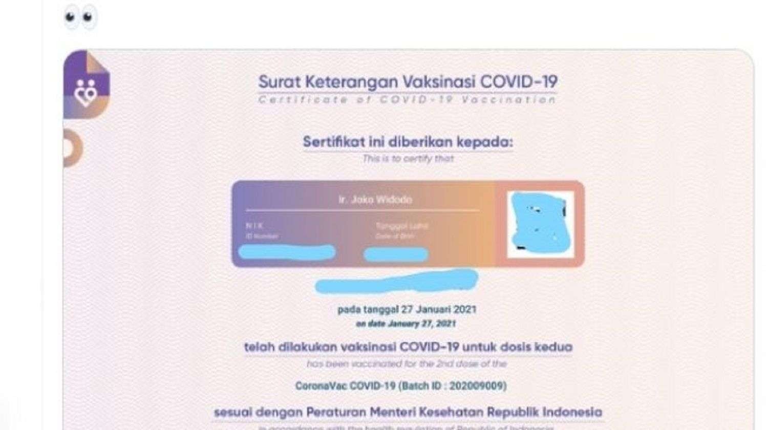 Data vaksin Presiden Jokowi bocor dan beredar ke media sosial. (Foto: Instagram)