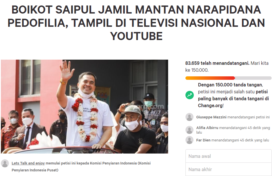 Link Petisi Boikot Saipul Jamil di change.org hampir tembus 25.000 tanda tangan. (Foto: Tangkap layar change.org)