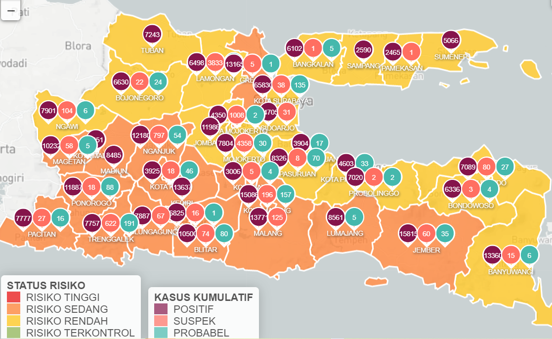Kasus baru Covid-19 do Jawa Timur sebanyak 357 per Senin 6 September 2021. Sebanyak 18 wilayah masuk zona kuning. (Foto: Info Covid-19 Jatim)