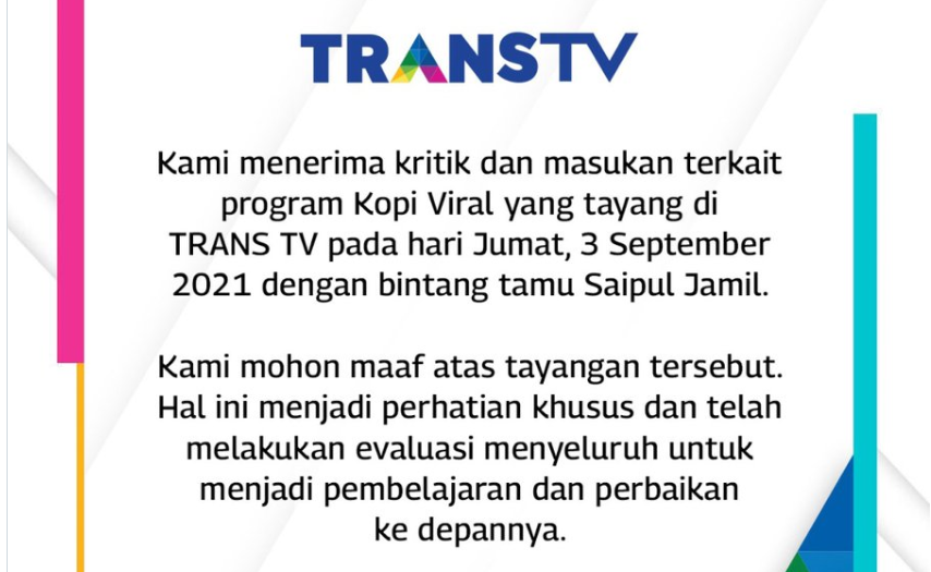Trans TV menyampaikan permintaan maaf atas aksi boikot selebriti menyusul penayangan Saipul Jamil dalam acara Kopi Viral. (Foto: Twitter)