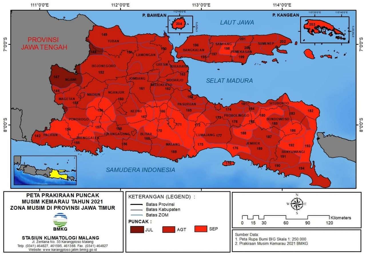 Data musim kemarau yang dirilis oleh BMKG. Beberapa wilayah di Jawa Timur berpotensi mengalami kekeringan. (Grafis: Stasiun Klimatologi Malang)