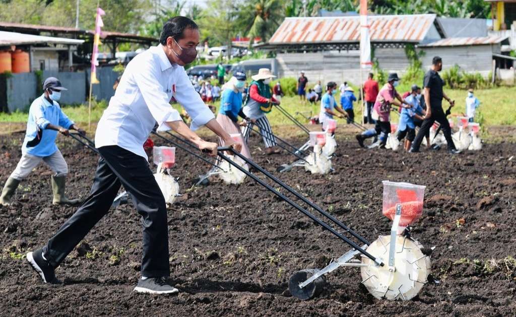 Presiden mencoba mesin penanam benih jagung (foto: Setpres)