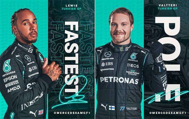 Pembalap Mercedes AMG Petronas, Lewis Hamilton dan Valteri Bottas. (Foto: Twitter)