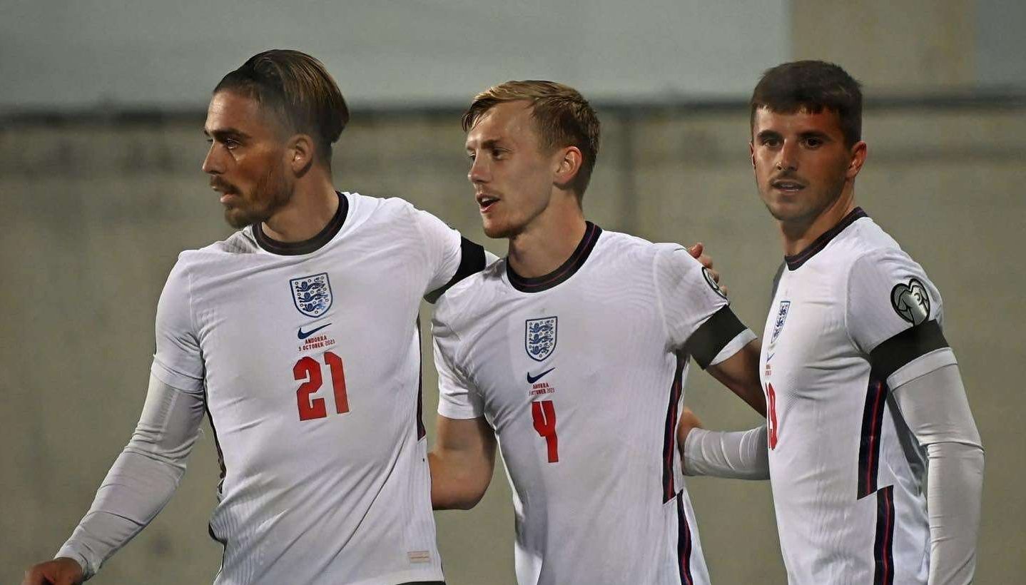 Para pemain timnas Inggris saat melakukan selebrasi usai mencetak gol ke gawang Andorra. (Foto: Twitter/@England)