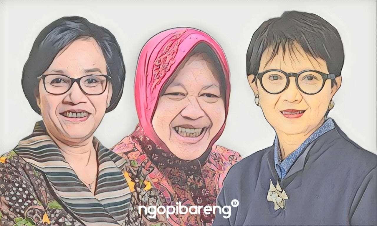 Ilustrasi tiga menteri perempuan Presiden Jokowi, yakni Sri Mulyani (kiri), Tri Rismaharini, dan Retno Marsudi. (Grafis: Fa Vidhi/Ngopibareng.id)