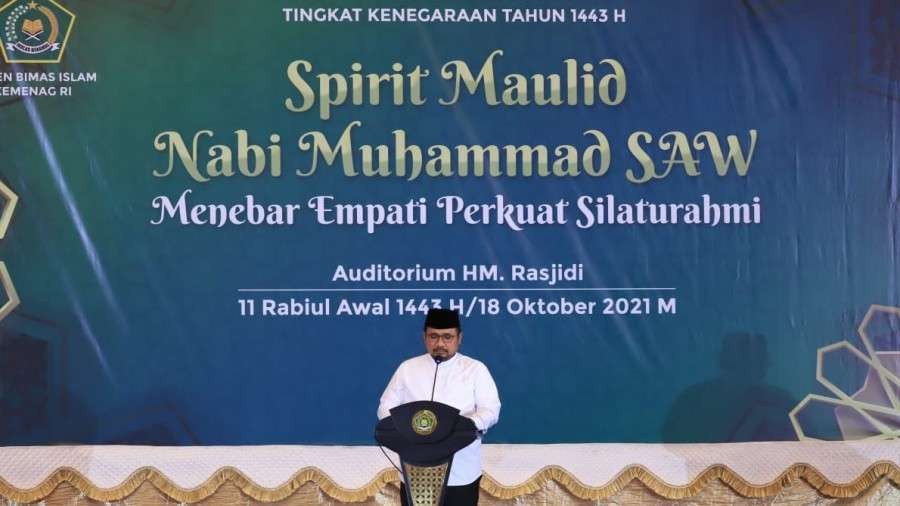 Menteri Agama Saat Menghadiri Peringatan Maulid Nabi Muhammad Tingkat Kenegaraan tahun 1443 H. (Foto: Kemenag)
