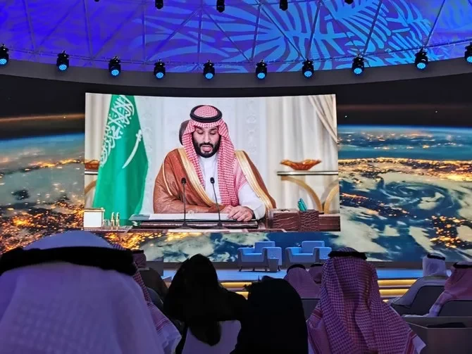 Putra Mahkota Arab Saudi Mohammed bin Salman saat berpidato dalam forum the Saudi Green Initiative di Riyadh. (Foto: Arab-News)