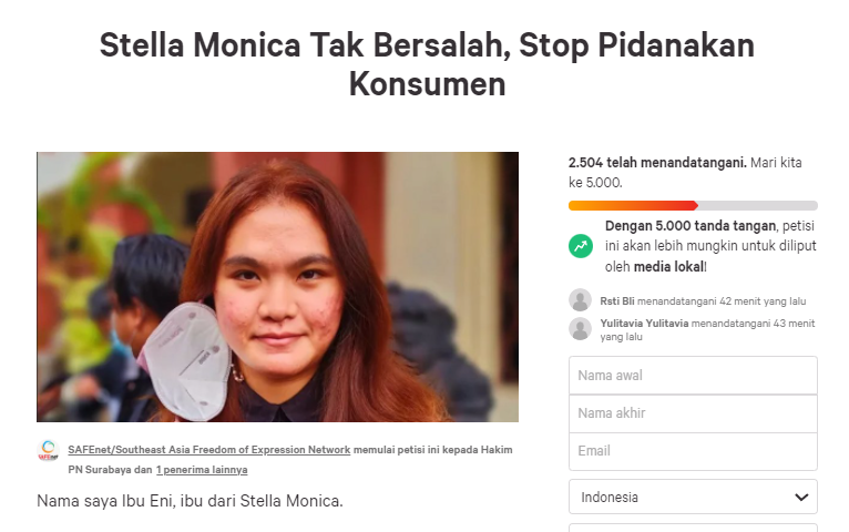 Kasus Stella Monica yang digugat klinik kecantikan di Surabaya, kini sedang berjalan di PN Surabaya. Petisinya ditandatangani lebih dari 2.500 kali. (Foto: change)