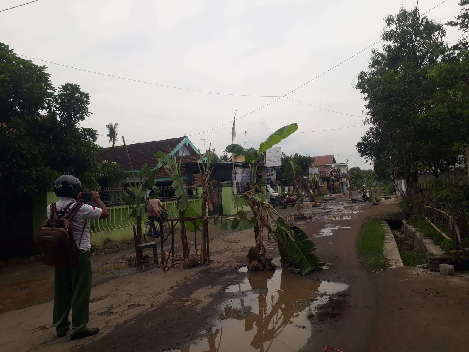 Pemandangan pohon pisang mewarnai di jalan desa yang rusak berlubang, licin karena genangan air bekas hujan. (Foto: Choirul Anam/Ngopibareng.id)
