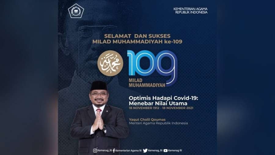 Menag Yaqut Cholil Qoumas mengucapkan "Selamat Milad ke-109 Muhammadiyah". (Foto: Kemenag)