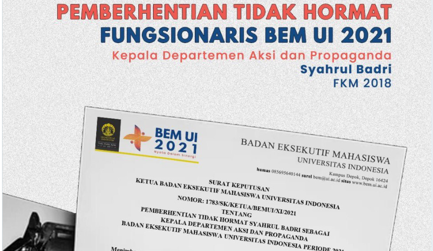 Surat pemberhentian dengan tidak hormat untuk pengurus Badan Eksekutif Mahasiswa Universitas Indonesia (BEM UI), viral di media sosial. (Foto: Twitter)