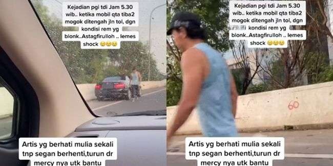 Aktor Agus Kuncoro membantu mendorong mobil yang mogok di tol. (Foto: TikTok)