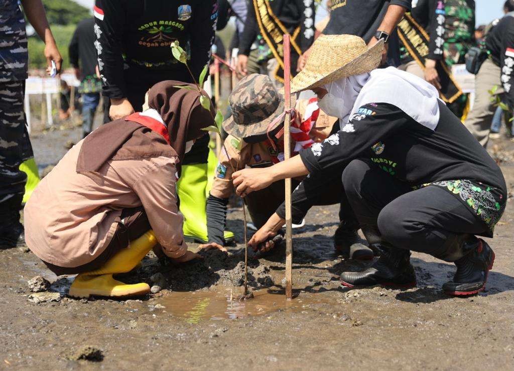 Gubernur Jatim Khofifah Indar Parawansa menanam mangrove di Pantai Bohay, Kecamatan Paiton, Kabupaten Probolinggo. (Foto: Ikhsan Mahmudi/Ngopibareng.id)